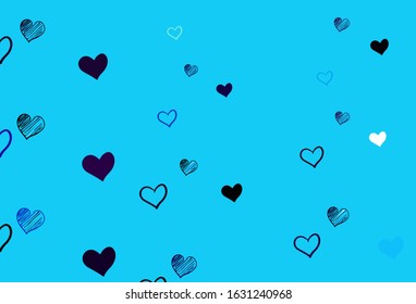 Light BLUE vector template with doodle hearts. Glitter abstract illustration with colorful hearts in romantic style. Template for Valentine's greeting postcards.