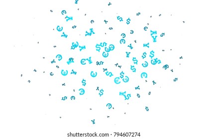 Light BLUE vector template with Euro, Dollar, Yen. Shining colored illustration with EUR, USD, JPY signs. Template for ads of markets, loans.