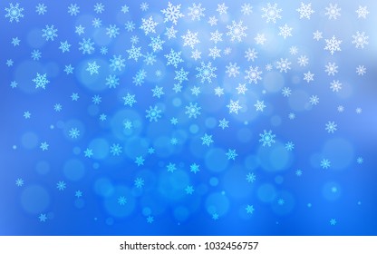 Light BLUE vector template with ice snowflakes. Snow on blurred abstract background with gradient. The pattern can be used for new year leaflets.