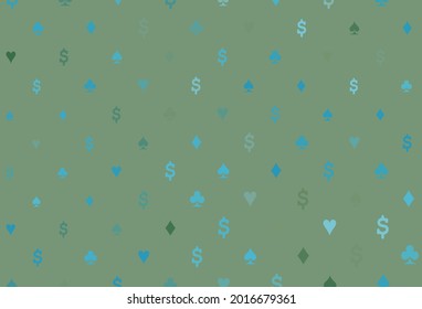 Light blue vector template with poker symbols. Glitter abstract sketch with isolated symbols of playing cards. Template for business cards of casinos.