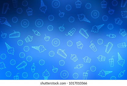 Light BLUE vector template with sweet snacks. Beautiful colored illustration with candies in doodle style. Doodle design for your business advert of cafes.