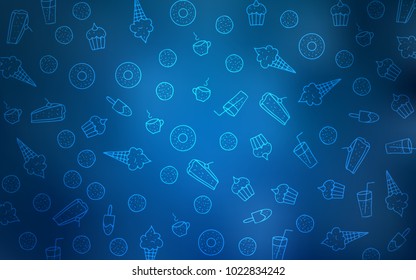Light BLUE vector template with sweet snacks. Blurred decorative design of desserts in doodle style. Pattern for ads of breakfast, lunch, dinner.