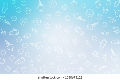Light BLUE vector template with sweet snacks. Illustration with set of sweet food in doodle style. Doodle design for your business advert of cafes.