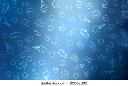Light BLUE vector template with sweet snacks. Beautiful colored illustration with candies in doodle style. Pattern for ads of breakfast, lunch, dinner.