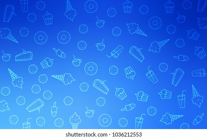 Light BLUE vector template with sweet snacks. Beautiful colored illustration with candies in doodle style. Doodle design for your business advert of cafes.