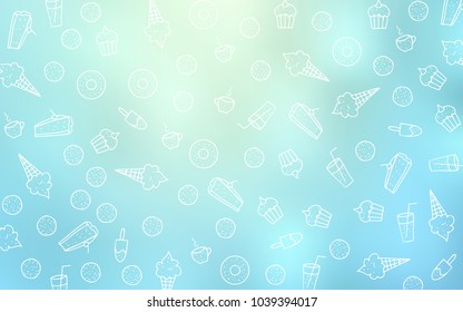 Light BLUE vector template with sweet snacks. Confections on blurred abstract background with colorful gradient. Pattern for ad, booklets, leaflets of restaurants.