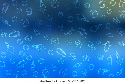 Light BLUE vector template with sweet snacks. Glitter abstract sketch with sweets, candies, desserts. Doodle design for your business advert of cafes.