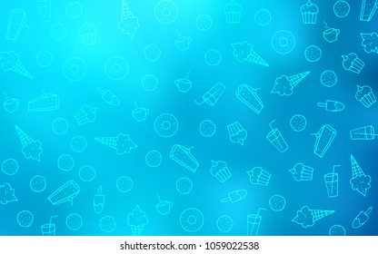 Light BLUE vector template with sweet snacks. Confections on blurred abstract background with colorful gradient. Doodle design for your business advert of cafes.