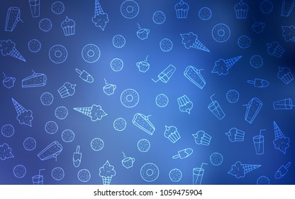 Light BLUE vector template with sweet snacks. Blurred decorative design of desserts in doodle style. Pattern for ad, booklets, leaflets of restaurants.