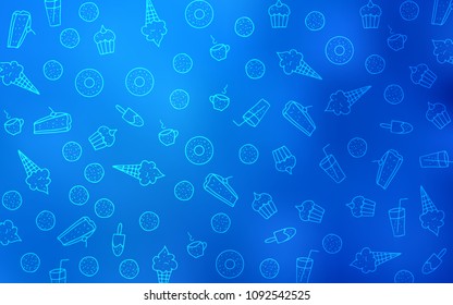 Light BLUE vector template with sweet snacks. Beautiful colored illustration with candies in doodle style. Pattern for ad, booklets, leaflets of restaurants.