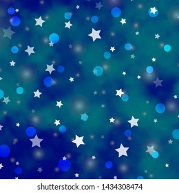 Light BLUE vector texture with circles, stars. Abstract illustration with colorful spots, stars. Pattern for design of fabric, wallpapers.
