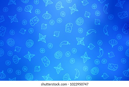 Light BLUE vector texture with delicious snacks. Illustration with set of fresh food in doodle style. Design for ad, poster, banner of cafes or restaurants.