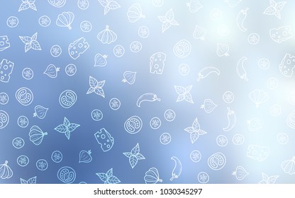 Light BLUE vector texture with delicious snacks. Illustration with set of fresh food in doodle style. Design for ad, poster, banner of cafes or restaurants.