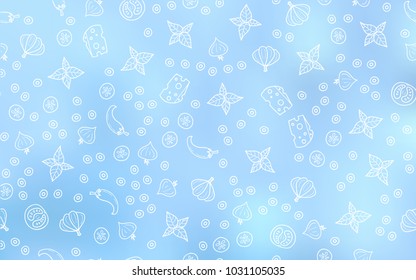 Light BLUE vector texture with delicious snacks. Blurred decorative design of snacks in doodle style. Template for meal cooking in kitchen.