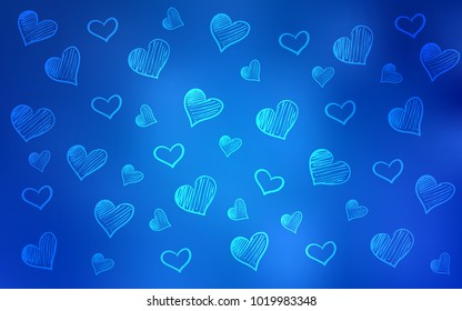 Light BLUE vector texture with lovely hearts. Hearts on blurred abstract background with colorful gradient. Design for ad, poster, banner of Valentine Day.