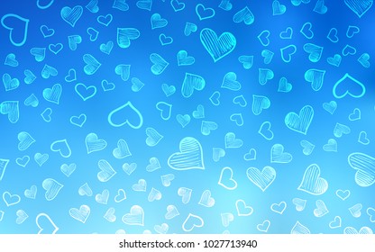 Light BLUE vector texture with lovely hearts. Hearts on blurred abstract background with colorful gradient. Pattern for carnival, festival romantic leaflets.