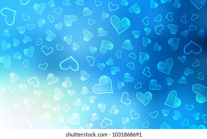 Light BLUE vector texture with lovely hearts. Decorative shining illustration with hearts on abstract template. Pattern for marriage gifts, congratulations.