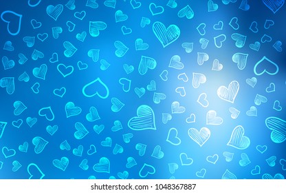 Light BLUE vector texture with lovely hearts. Glitter abstract illustration with colorful hearts in romantic style. Template for Valentine's greeting postcards.