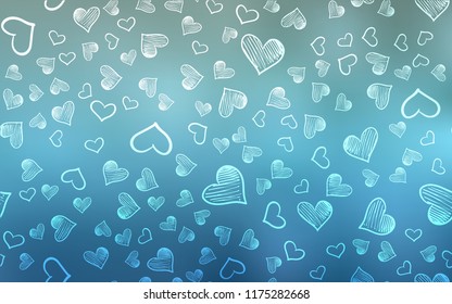 Light BLUE vector texture with lovely hearts. Glitter abstract illustration with colorful hearts in romantic style. Template for Valentine's greeting postcards.