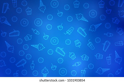 Light BLUE vector texture with sweets, candies. Blurred decorative design of desserts in doodle style. Doodle design for your business advert of cafes.