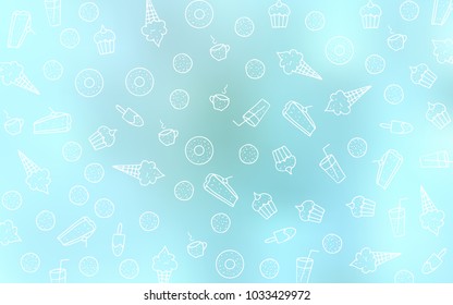 Light BLUE vector texture with sweets, candies. Confections on blurred abstract background with colorful gradient. Template of children's food in cafe.