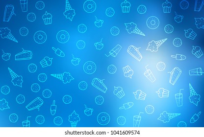 Light BLUE vector texture with sweets, candies. Illustration with set of sweet food in doodle style. Pattern for menu of cafes and restaurants.