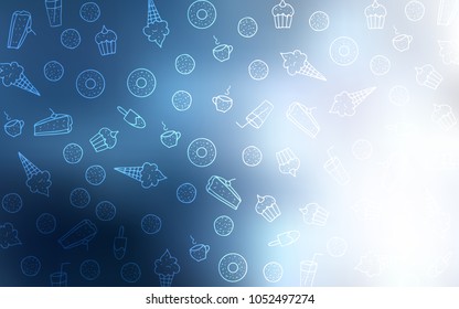 Light BLUE vector texture with sweets, candies. Illustration with set of sweet food in doodle style. Pattern for ad, booklets, leaflets of restaurants.