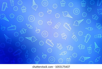 Light BLUE vector texture with sweets, candies. Glitter abstract sketch with sweets, candies, desserts. Design for ad, poster, banner of cafes or restaurants.