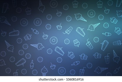 Light BLUE vector texture with sweets, candies. Confections on blurred abstract background with colorful gradient. Pattern for menu of cafes and restaurants.