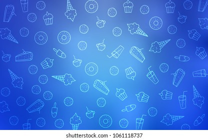 Light BLUE vector texture with sweets, candies. Glitter abstract sketch with sweets, candies, desserts. Design for ad, poster, banner of cafes or restaurants.