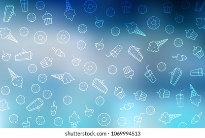 Light BLUE vector texture with sweets, candies. Illustration with set of sweet food in doodle style. Doodle design for your business advert of cafes.