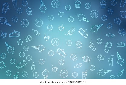 Light BLUE vector texture with sweets, candies. Blurred decorative design of desserts in doodle style. Pattern for menu of cafes and restaurants.