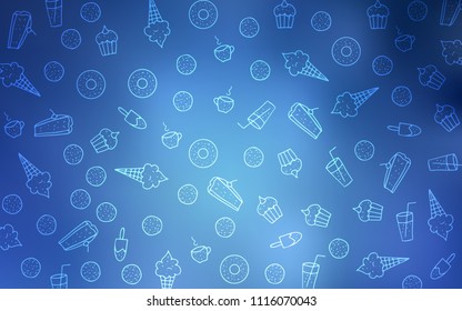 Light BLUE vector texture with sweets, candies. Confections on blurred abstract background with colorful gradient. Doodle design for your business advert of cafes.