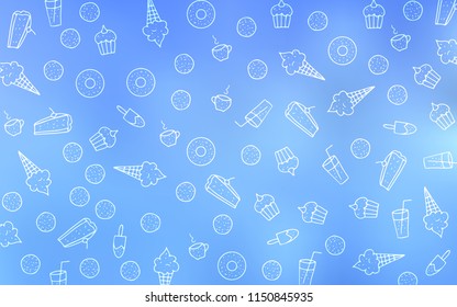 Light BLUE vector texture with sweets, candies. Blurred decorative design of desserts in doodle style. Pattern for ads of breakfast, lunch, dinner.