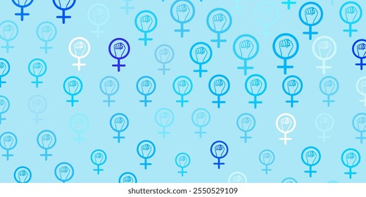 Textura de vetor AZUL claro com símbolos de direitos das mulheres. Símbolos feministas coloridos com um gradiente em estilo moderno. Contexto do Dia Internacional da Mulher.