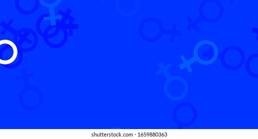 Textura vectorial AZUL claro con símbolos de derechos de la mujer. Símbolos feministas coloridos con un degradado de estilo moderno. Diseño elegante para tapizados.