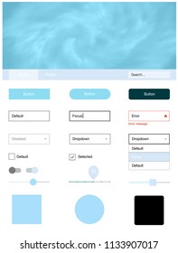 Light BLUE vector ui kit with clouds & stars. Colorful ui/ux kit with header consisted of clouds & stars. This sample is for your landing page.