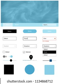 Light BLUE vector ui kit with clouds & stars. Modern Style guide with colorful gradient sky in its header. This template you can use for landing pages.