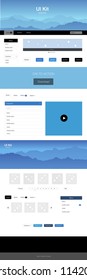 Light BLUE vector ui kit with landscape. Simple Material Design Kit with colorful mountains in header. Sample for your landing page of tourism.