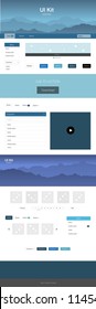Light BLUE vector ui kit with landscape. Colorful ui/ux kit with header consisted of hills & rocks. Template for website of outdoor activities.