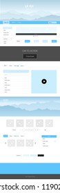Light BLUE vector ui kit with landscape. Simple Material Design Kit with colorful mountains in header. Sample for your landing page of tourism.