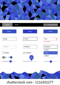 Light BLUE vector ui ux kit in triangular style. Colorful ui/ux kit with header consisted of triangles. Modern template for your landing page.