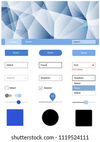 Light BLUE vector ui ux kit in triangular style. Simple Material Design Kit with colorful mosaic of triangles. This template you can use for landing pages.