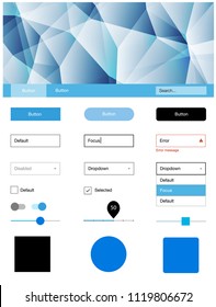 Light BLUE vector ui ux kit in triangular style. Ui Ux kit with colorful polygonal background in its header. Simple colorful design for websites.