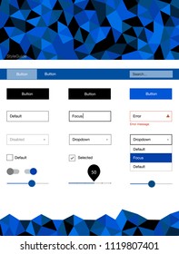 Light BLUE vector ui ux kit in triangular style. Web ui kit with abstract gradient triangles in its header. Modern template for your landing page.