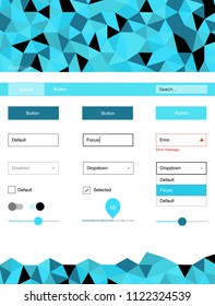 Light BLUE vector ui ux kit in triangular style. Web ui kit with abstract gradient triangles in its header. This sample is for your website.