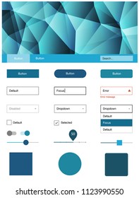 Light BLUE vector ui ux kit in triangular style. Web ui kit with abstract gradient triangles in its header. This sample is for your website.