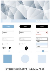Light BLUE vector ui ux kit in triangular style. Colorful ui/ux kit with header consisted of triangles. Modern template for your landing page.