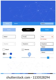 Light BLUE vector ui ux kit in triangular style with circles. Style guide with triangles, circles on abstract background. This template you can use for landing pages.