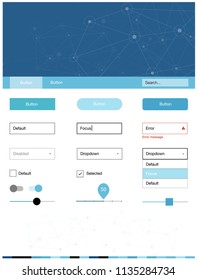 Light BLUE vector ui ux kit in triangular style with circles. Style guide with triangles, circles on abstract background. Simple colorful design for websites.